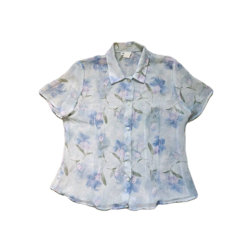 Vintage Carina Fashion Sheer Floral Button Front Blouse Blue Purple Sz L USA EUC